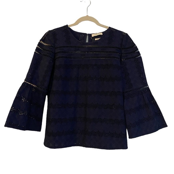 ba&sh Blouse Size Small Navy Blue Bell 3/4 Sleeve Women's Gianna Lace Eyelet - Picture 3 of 8